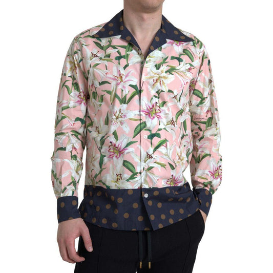 Dolce & Gabbana Cotton Polka Dot Lily Print Collared Shirt