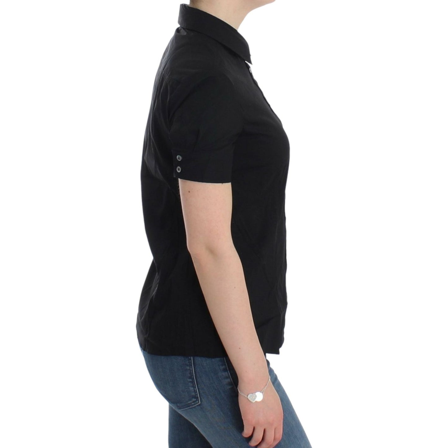 John Galliano Elegant Black Cotton Stretch Shortsleeve Blouse John Galliano