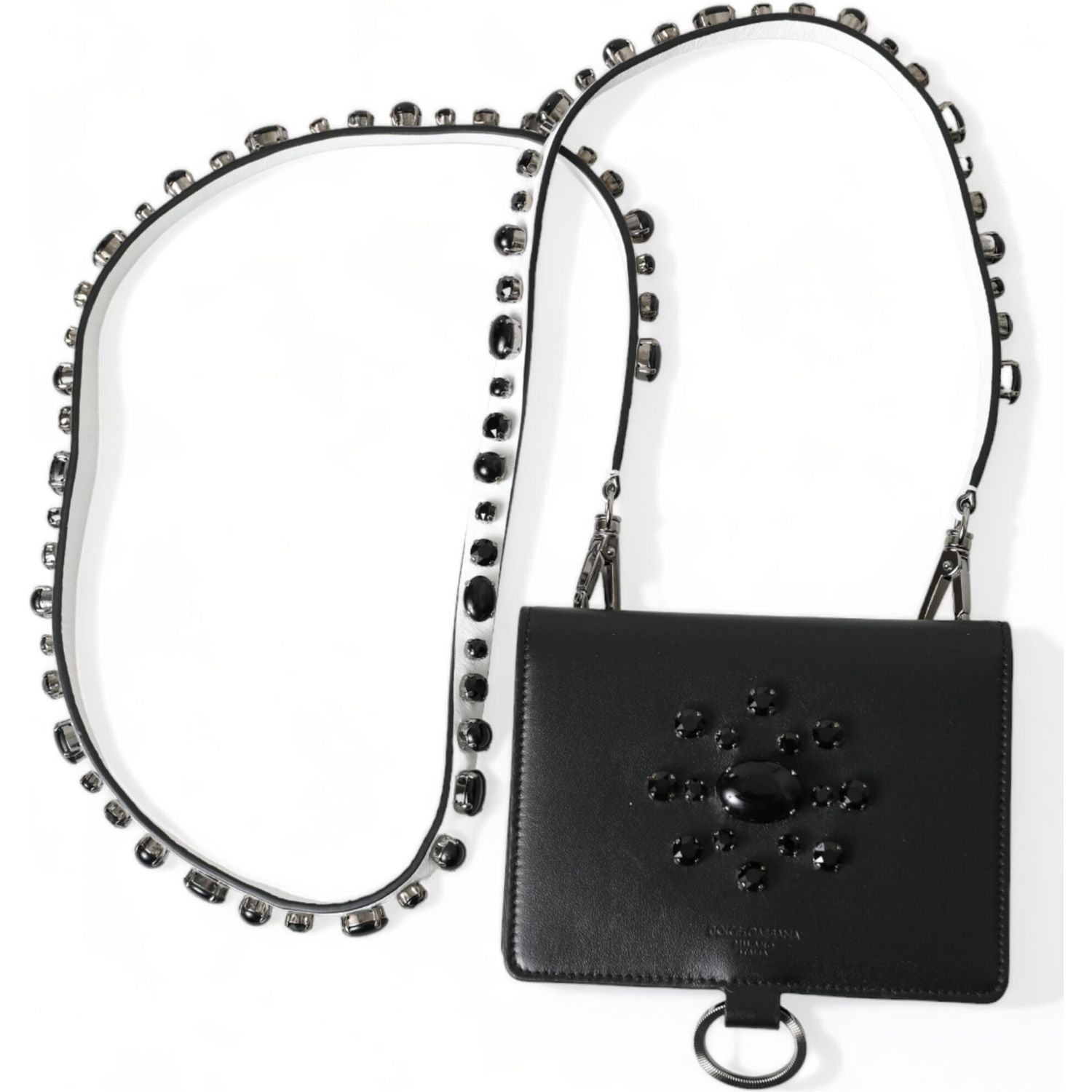Dolce & Gabbana Black Leather Crystal Embellished Card Holder Wallet