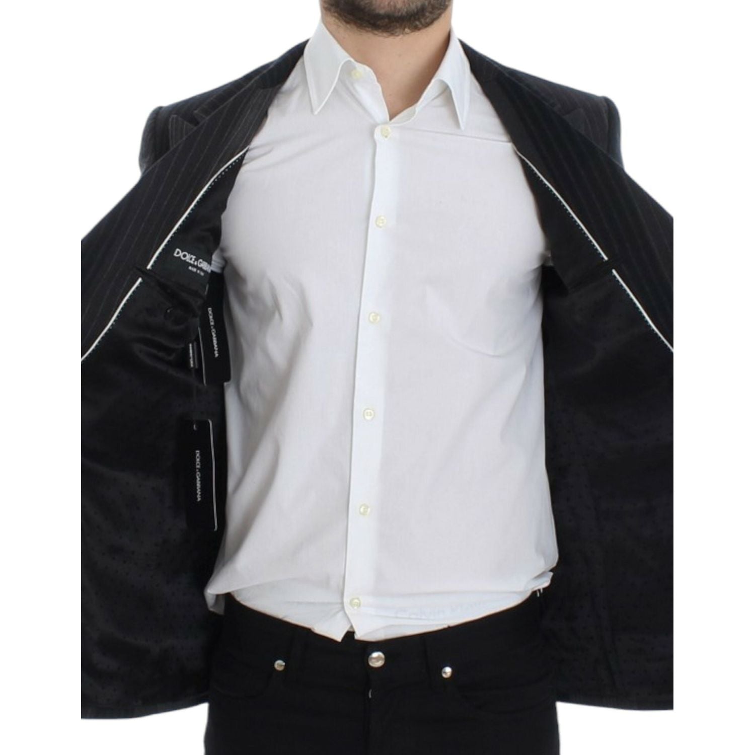 优雅灰色条纹羊毛修身西装外套