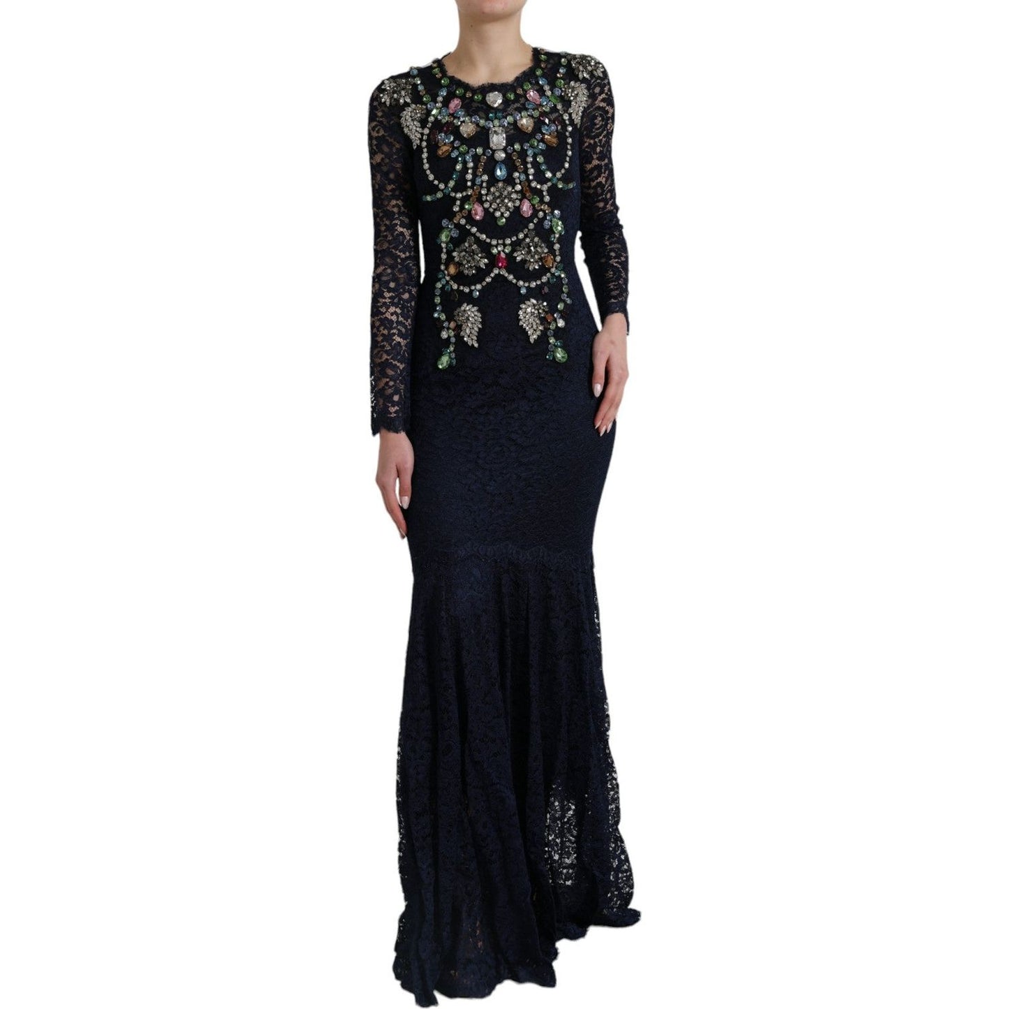 Dolce & Gabbana Crystal Embellished Navy Blue Flare Dress Dolce & Gabbana