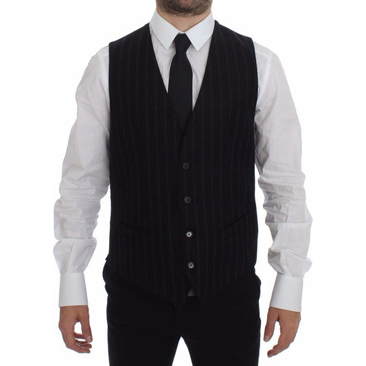 Dolce & Gabbana Black Striped Wool Logo Vest Gilet Weste Dolce & Gabbana