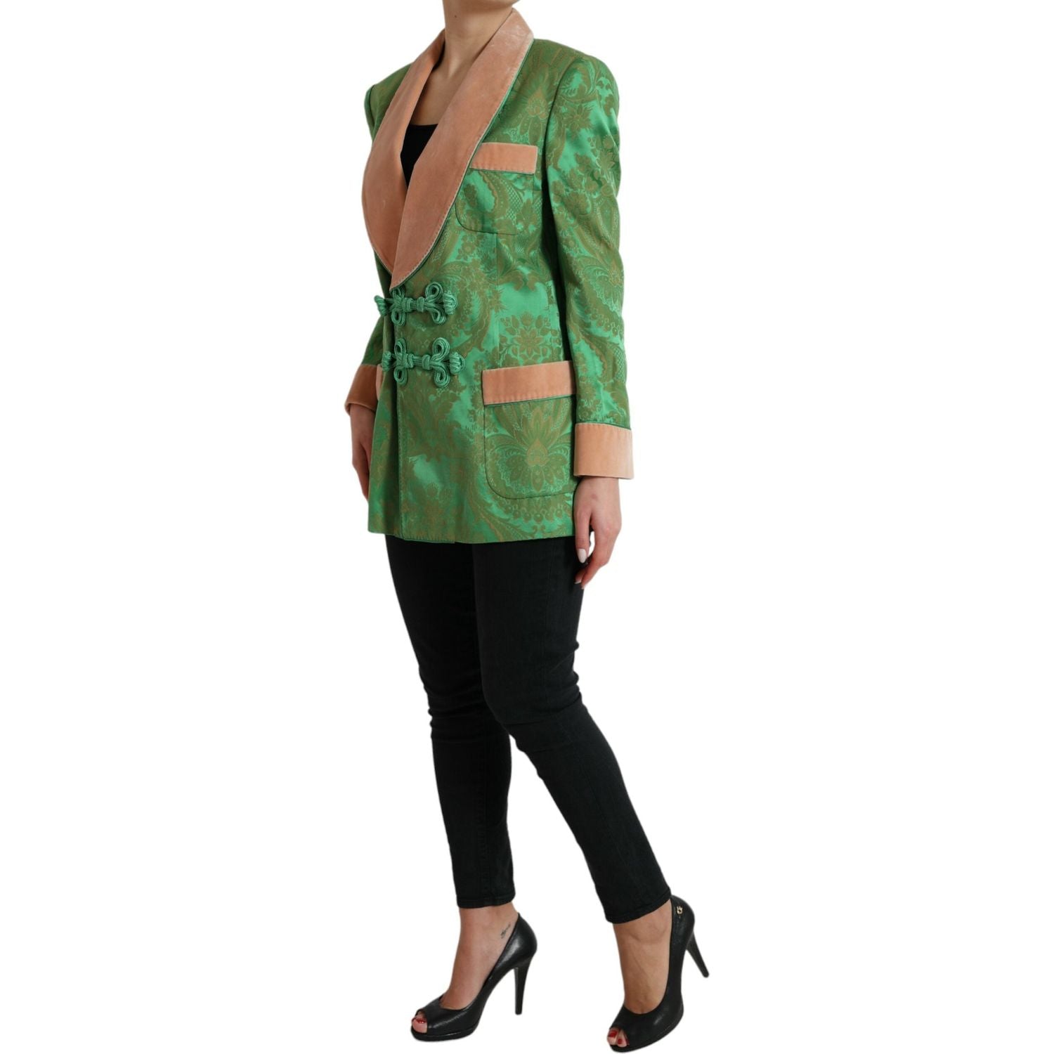 Dolce & Gabbana Green Floral Double Breasted Coat Jacket