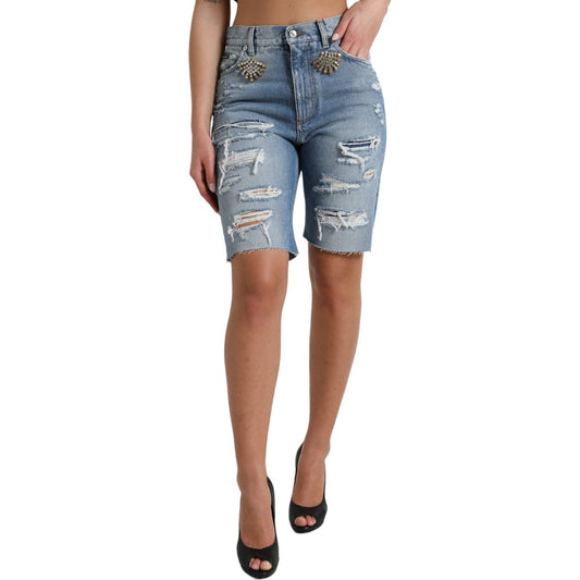 Dolce & Gabbana Blue Tattered Embellished Bermuda Shorts Dolce & Gabbana