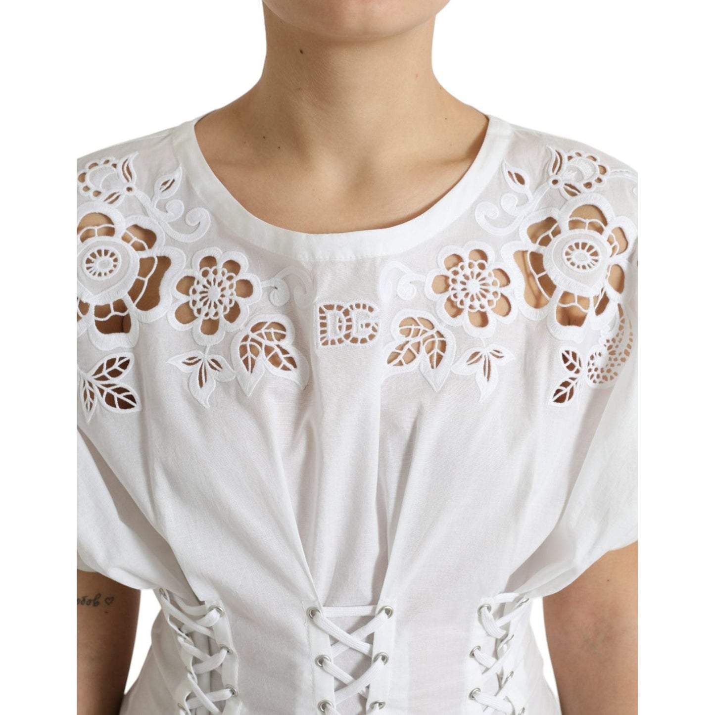 Dolce & Gabbana Elegant White Floral Lace-Up Blouse Dolce & Gabbana