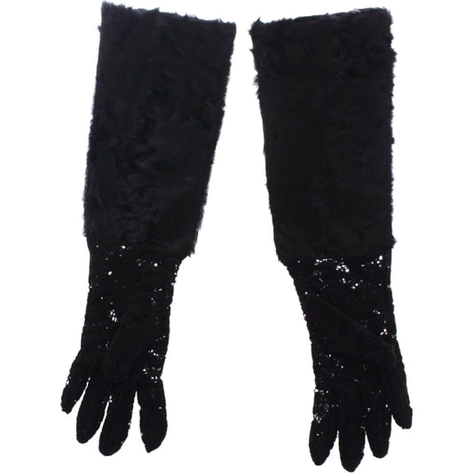 Dolce & Gabbana Black Wool Lace & Lamb Fur Elbow Gloves Dolce & Gabbana