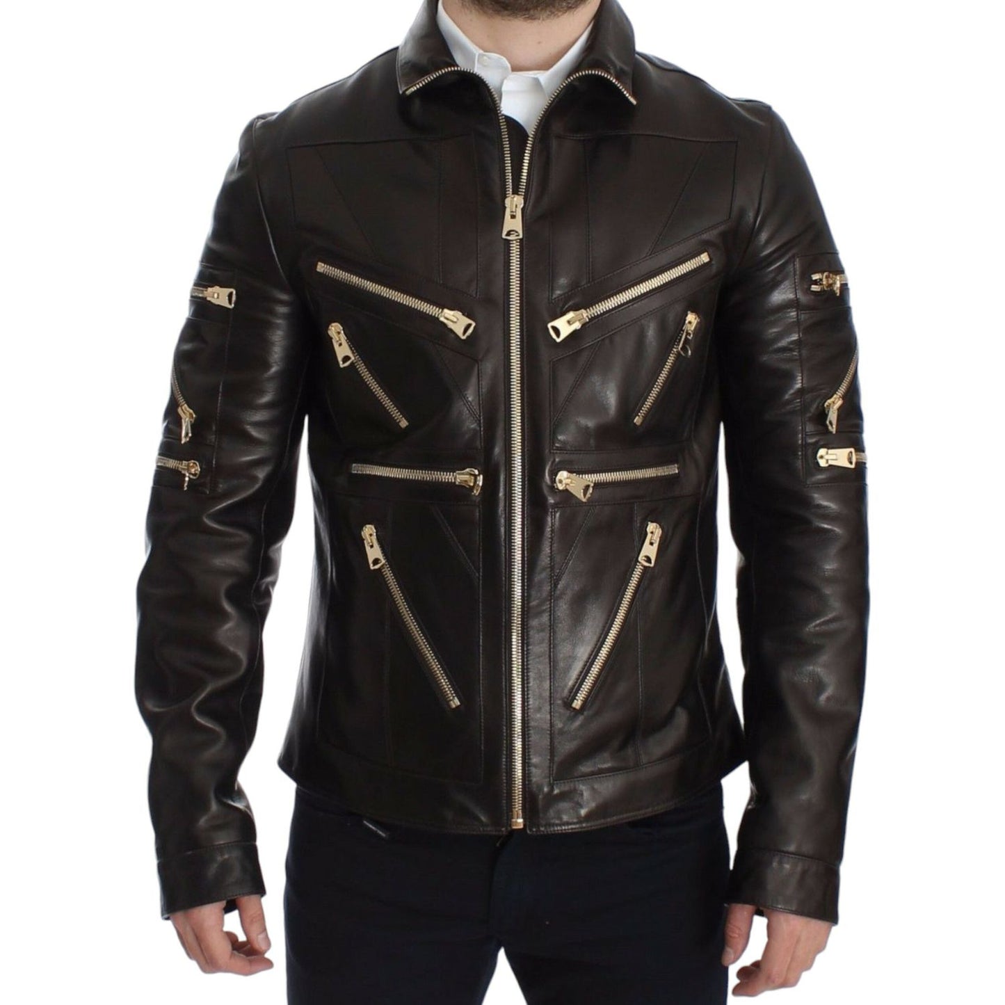 Dolce & Gabbana Brown Lambskin Leather Zipper Jacket