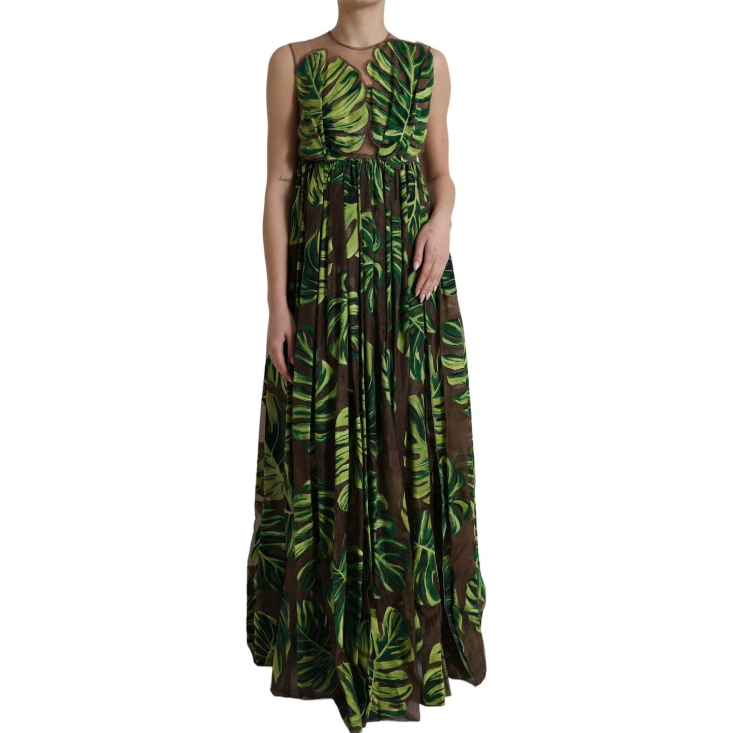 Dolce & Gabbana Green Banana Leaf Sleeveless Long Maxi Dress
