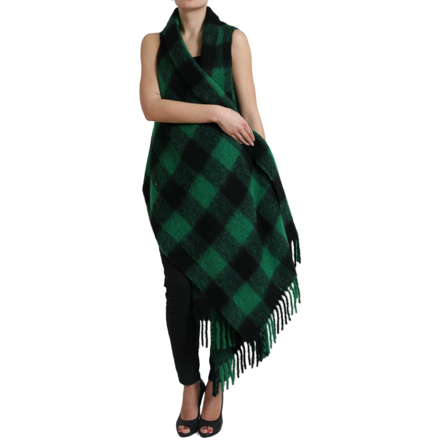 Dolce & Gabbana Black Green Buffalo Check Poncho Coat Jacket