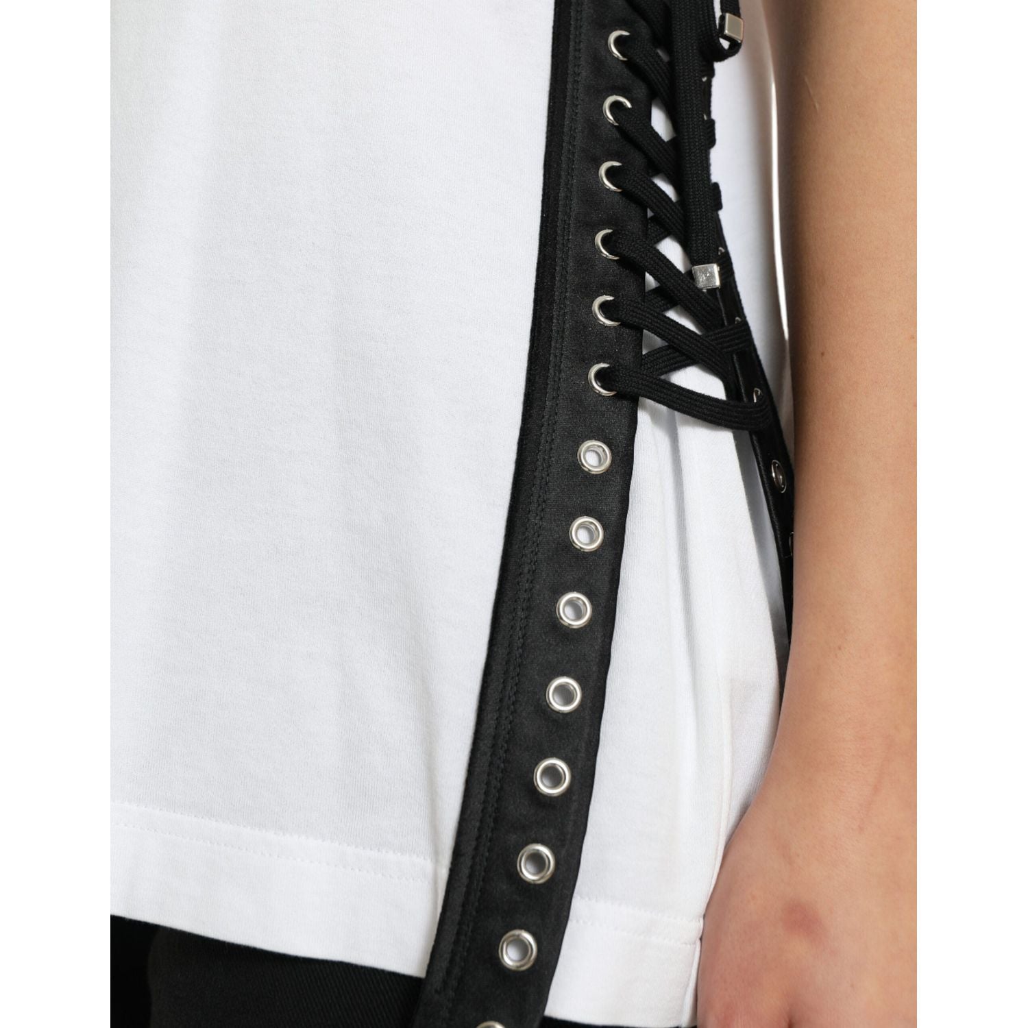 Dolce & Gabbana White Slogan Print Lacing Detailed T-shirt