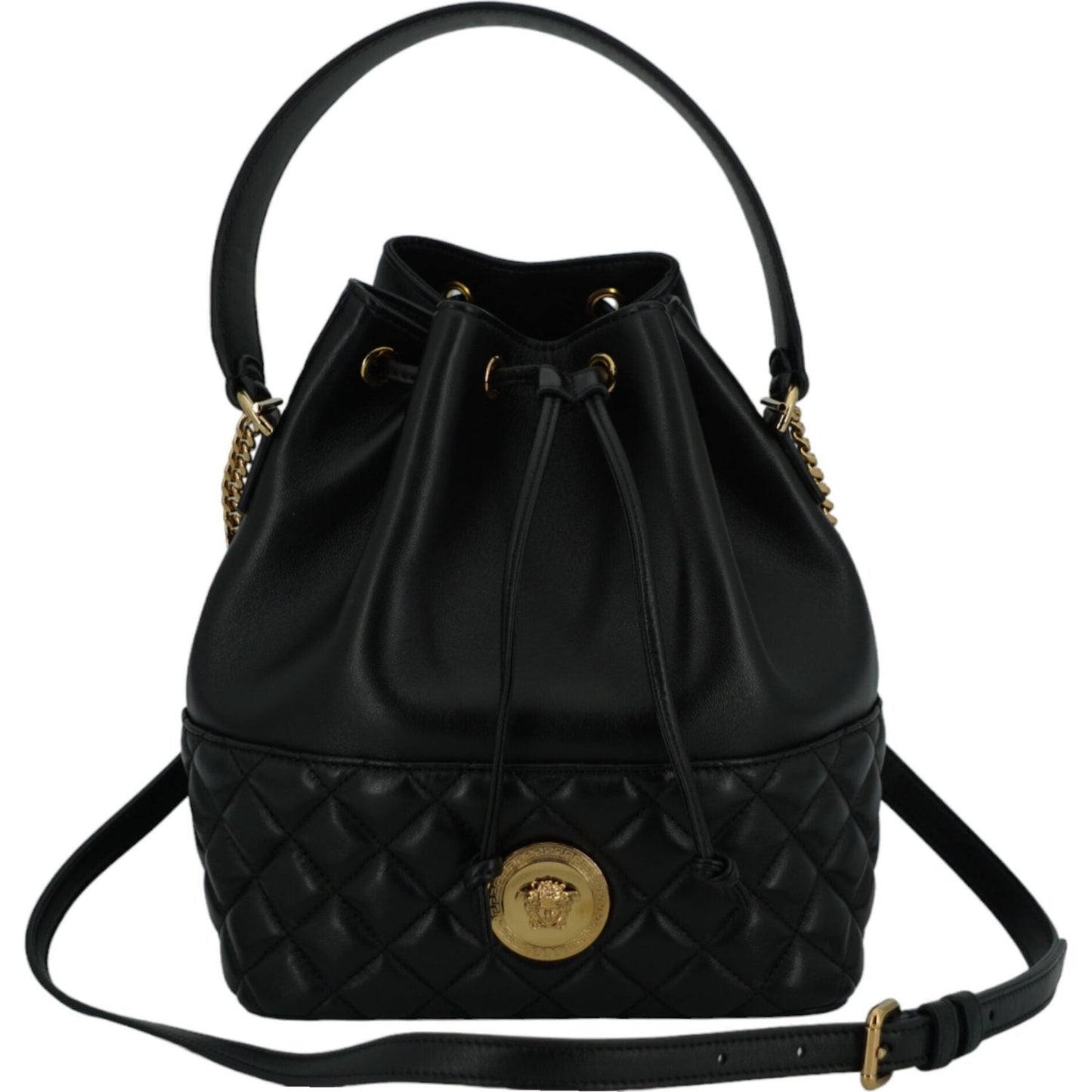 Versace Elegant Black Leather Medusa Bucket Shoulder Bag Versace