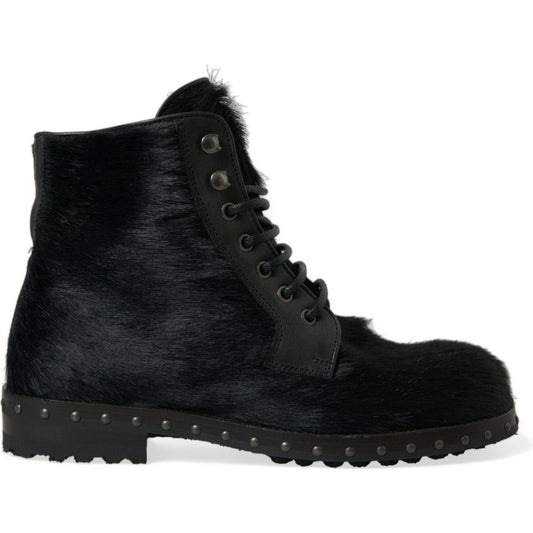 Dolce & Gabbana Black Pony Style Leather Mid Calf Boots Shoes Dolce & Gabbana