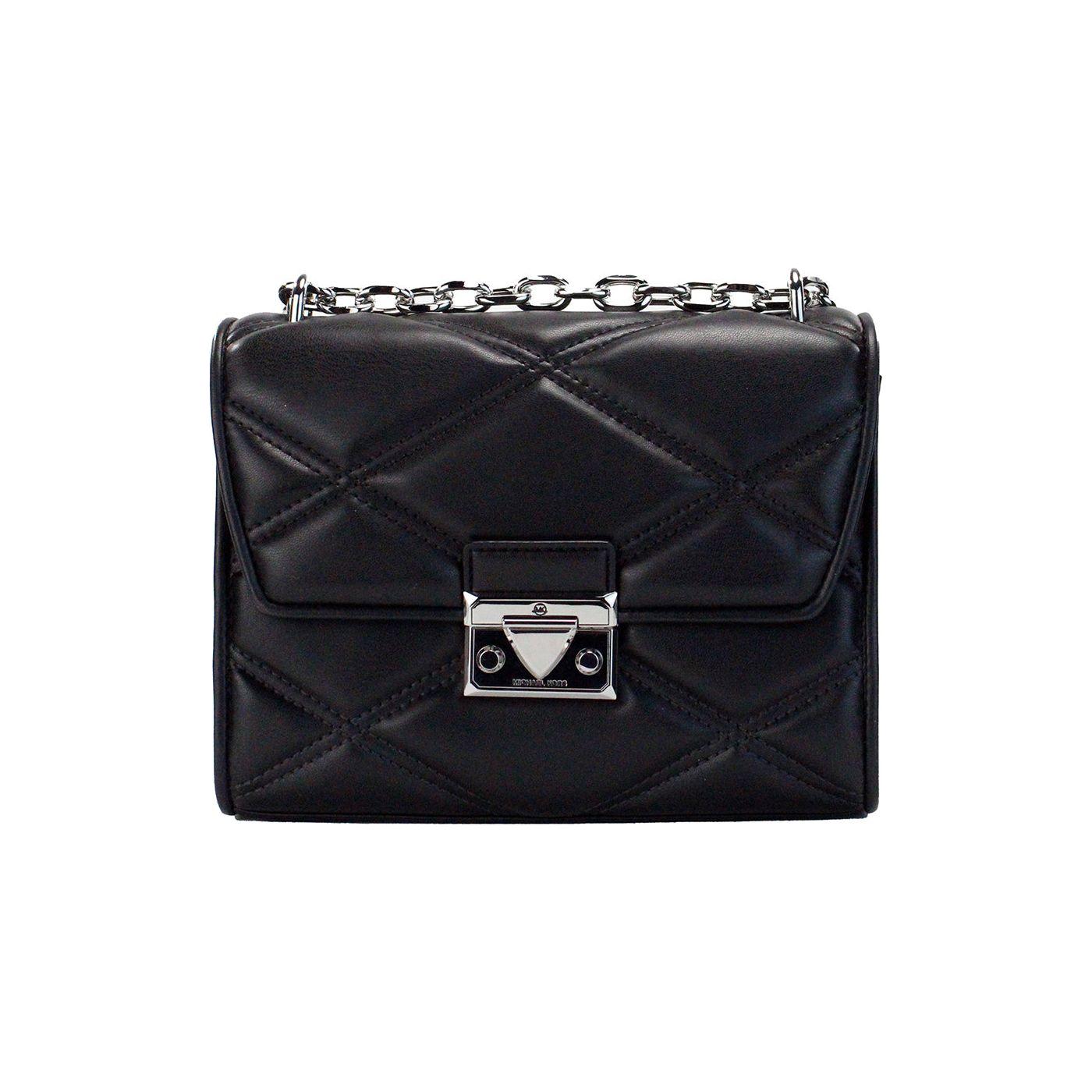 Michael Kors Serena Medium Black Diamond Quilted Faux Leather Flap Shoulder Bag Michael Kors