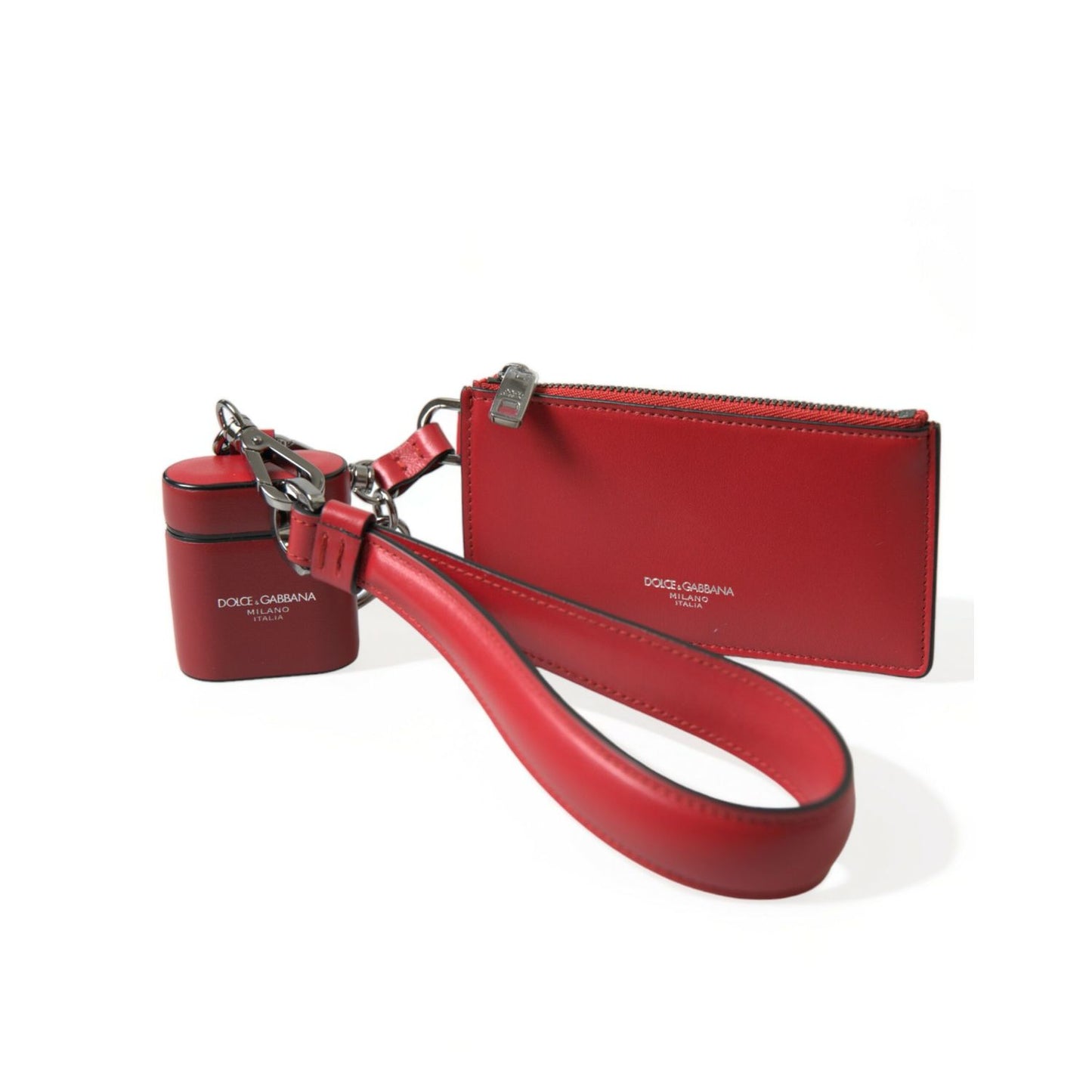 Dolce & Gabbana Red Leather Silver Metal Logo Strap Pouch Airpods Case