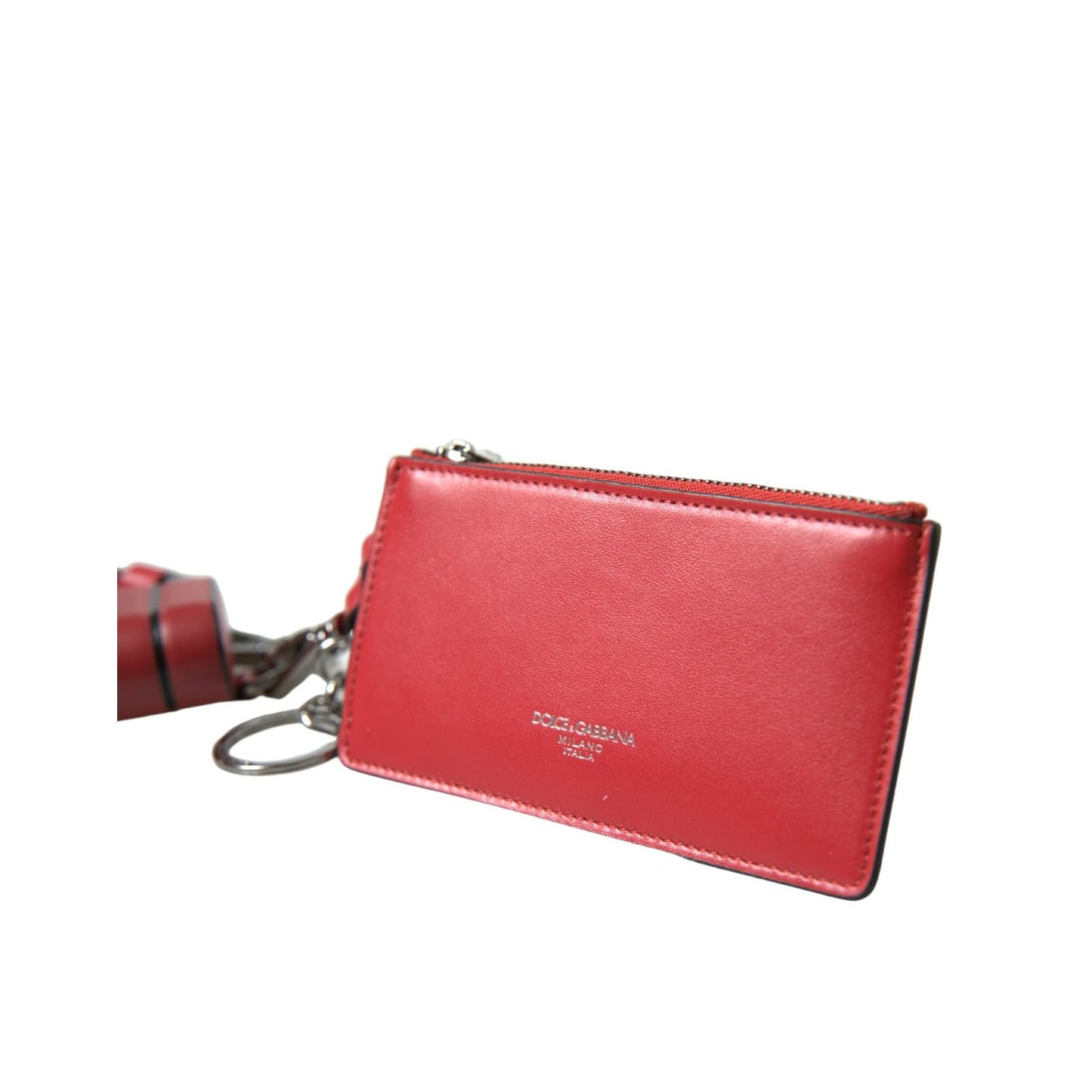 Dolce & Gabbana Red Leather Silver Metal Logo Strap Pouch Airpods Case