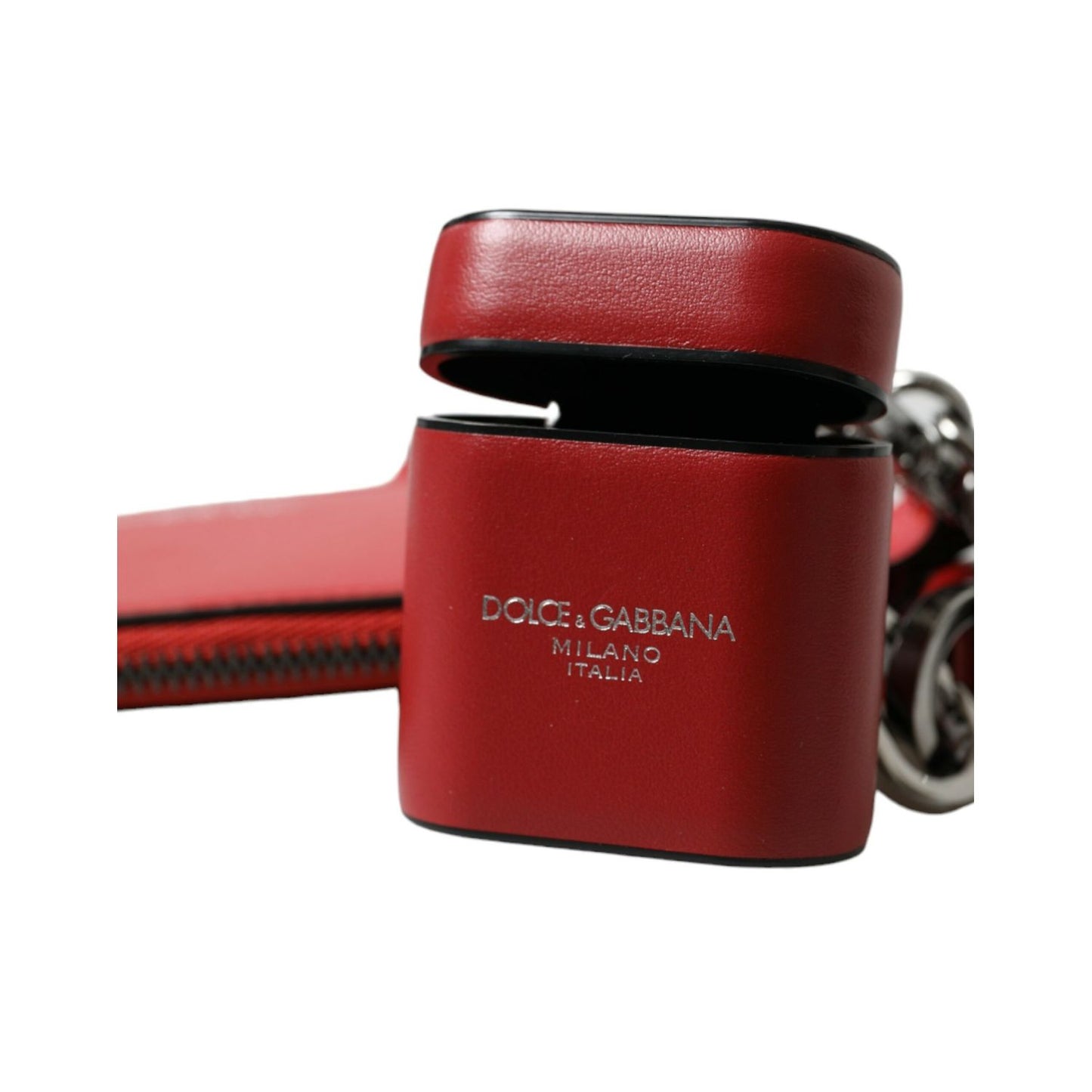 Dolce & Gabbana Red Leather Silver Metal Logo Strap Pouch Airpods Case