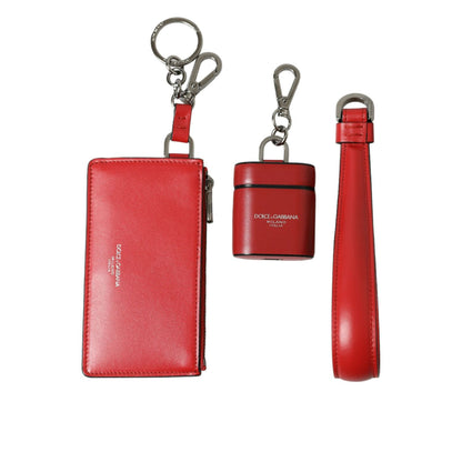Dolce & Gabbana Red Leather Silver Metal Logo Strap Pouch Airpods Case