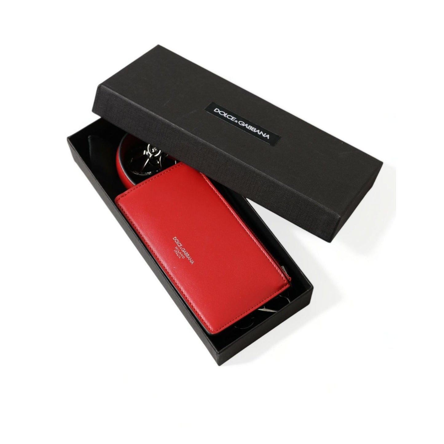 Dolce & Gabbana Red Leather Silver Metal Logo Strap Pouch Airpods Case