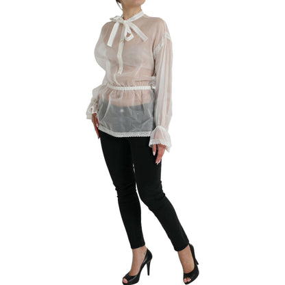 Dolce & Gabbana White Silk Long Sleeves Ascot Collar Top