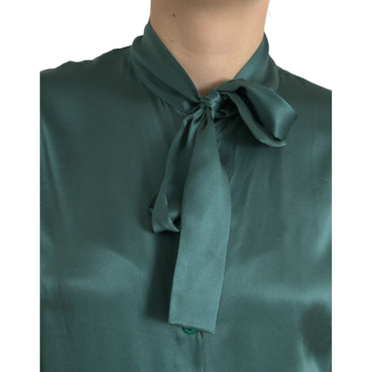 Dolce & Gabbana Dark Green Silk Ascot Collar Blouse Top