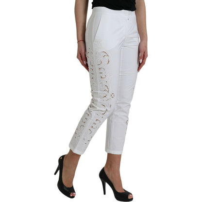 Dolce & Gabbana White Cut Out Cotton Mid Waist Cropped Pants