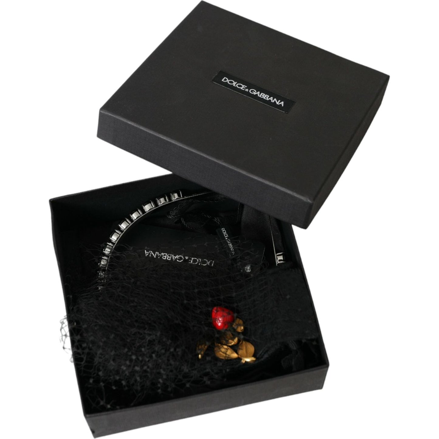 Dolce & Gabbana Black Strawberry Sicily Crystal Mesh Net Headband Diadem Dolce & Gabbana