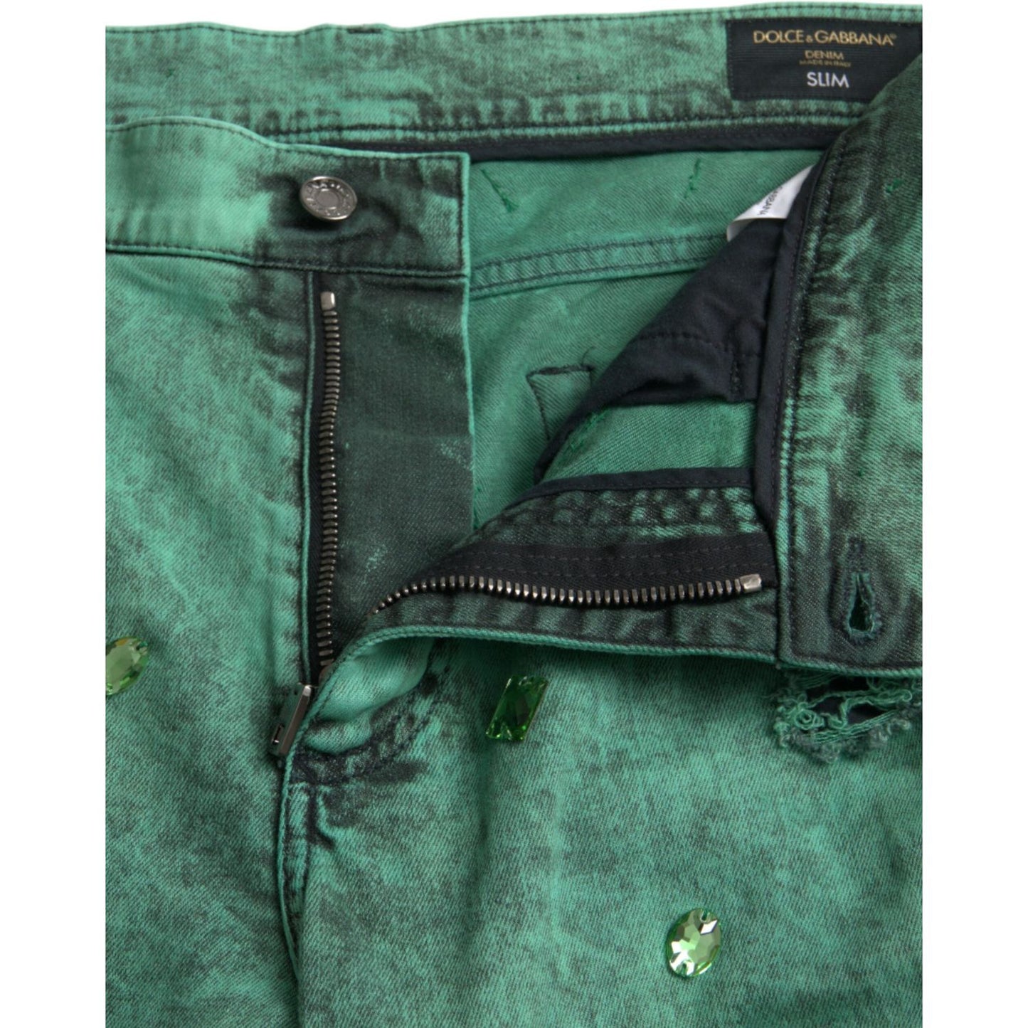 Dolce & Gabbana Green Crystals Cotton Stretch Slim Jeans Dolce & Gabbana