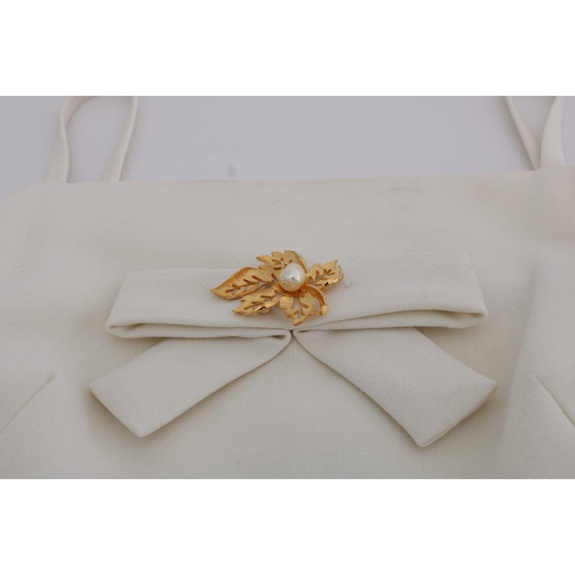 Dolce & Gabbana Elegant White Wool Shift Dress with Gold Brooch Dolce & Gabbana