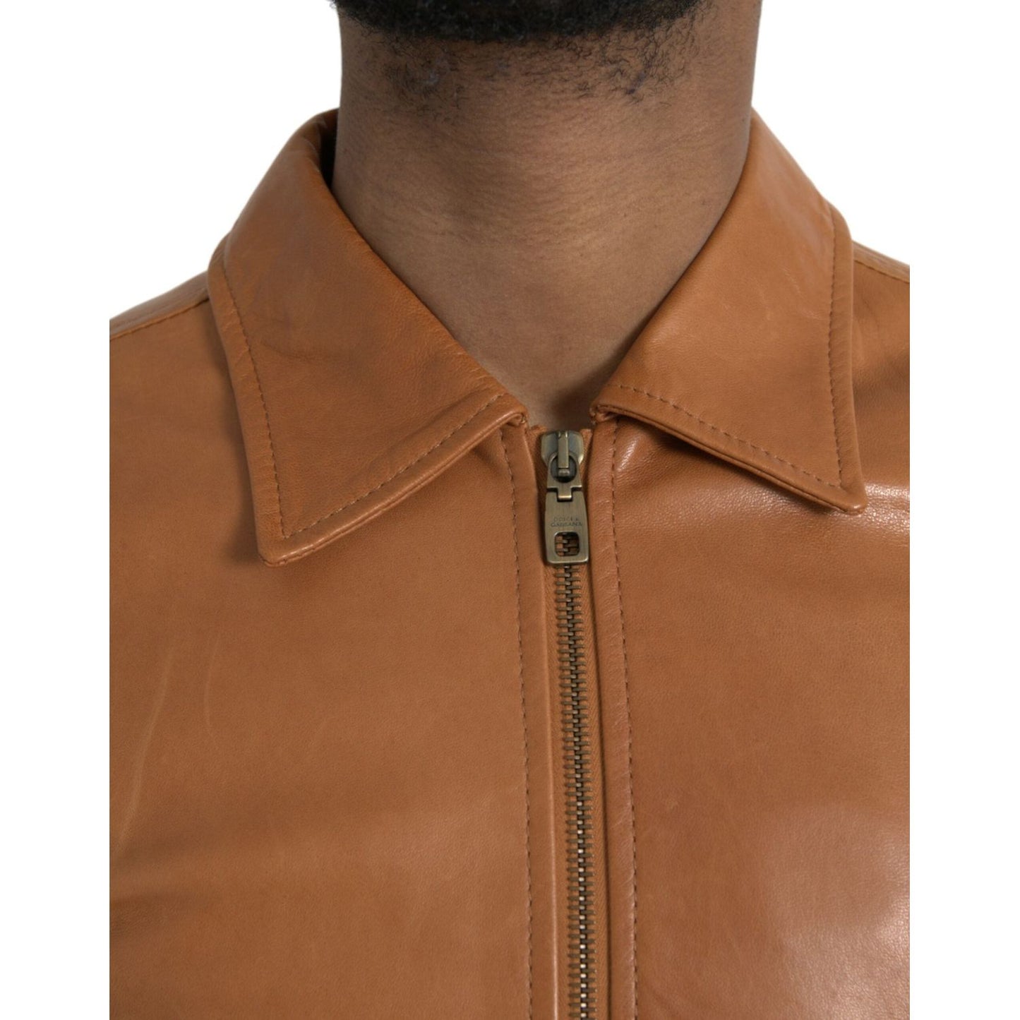 Dolce & Gabbana Brown Lamb Leather Full Zip Blouson Jacket Dolce & Gabbana