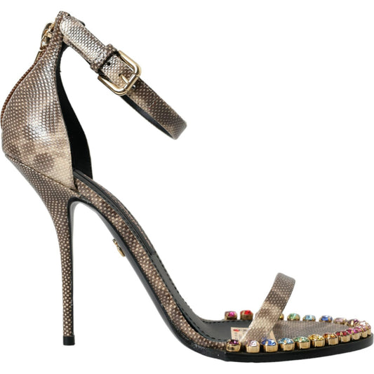 Dolce & Gabbana Brown Exotic Leather Crystal Sandals Shoes Dolce & Gabbana