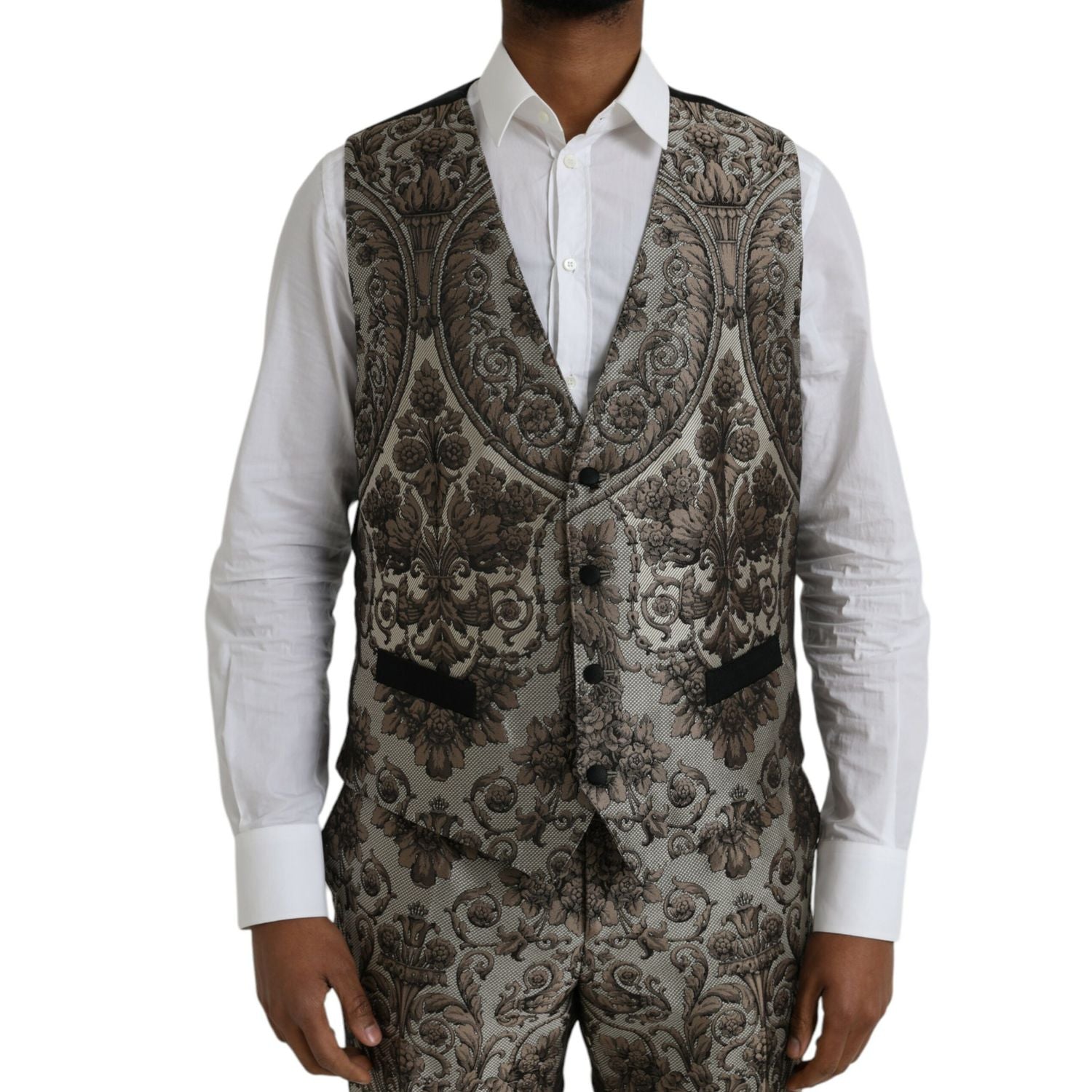 Dolce & Gabbana Brown Floral Jacquard Formal 3 Piece Suit