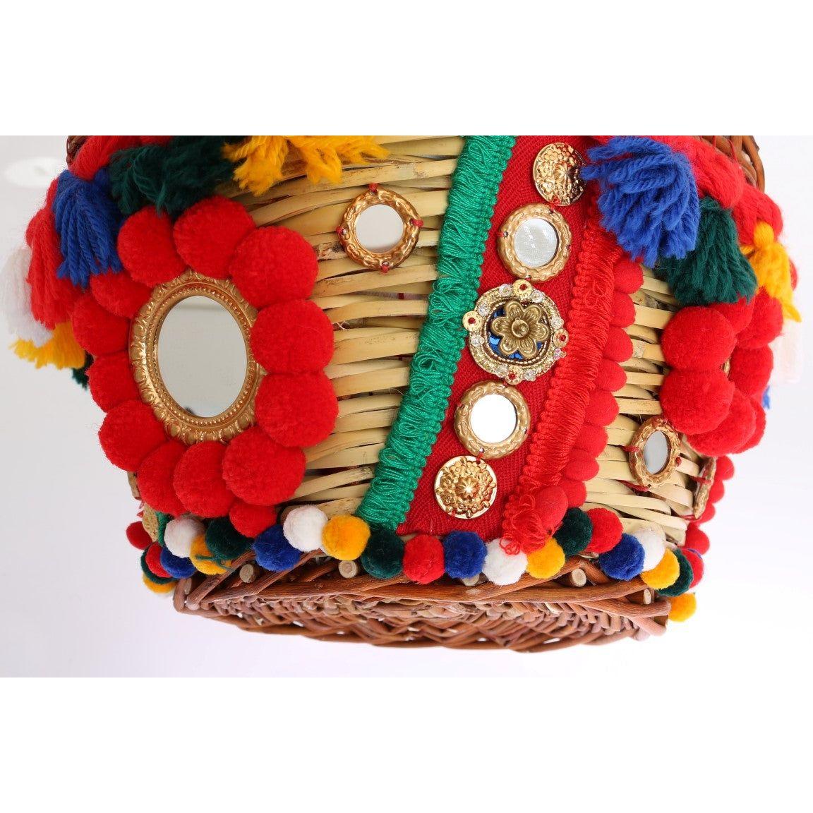 Dolce & Gabbana Multicolor AGNESE Straw Crystal  Pom Pom Bag