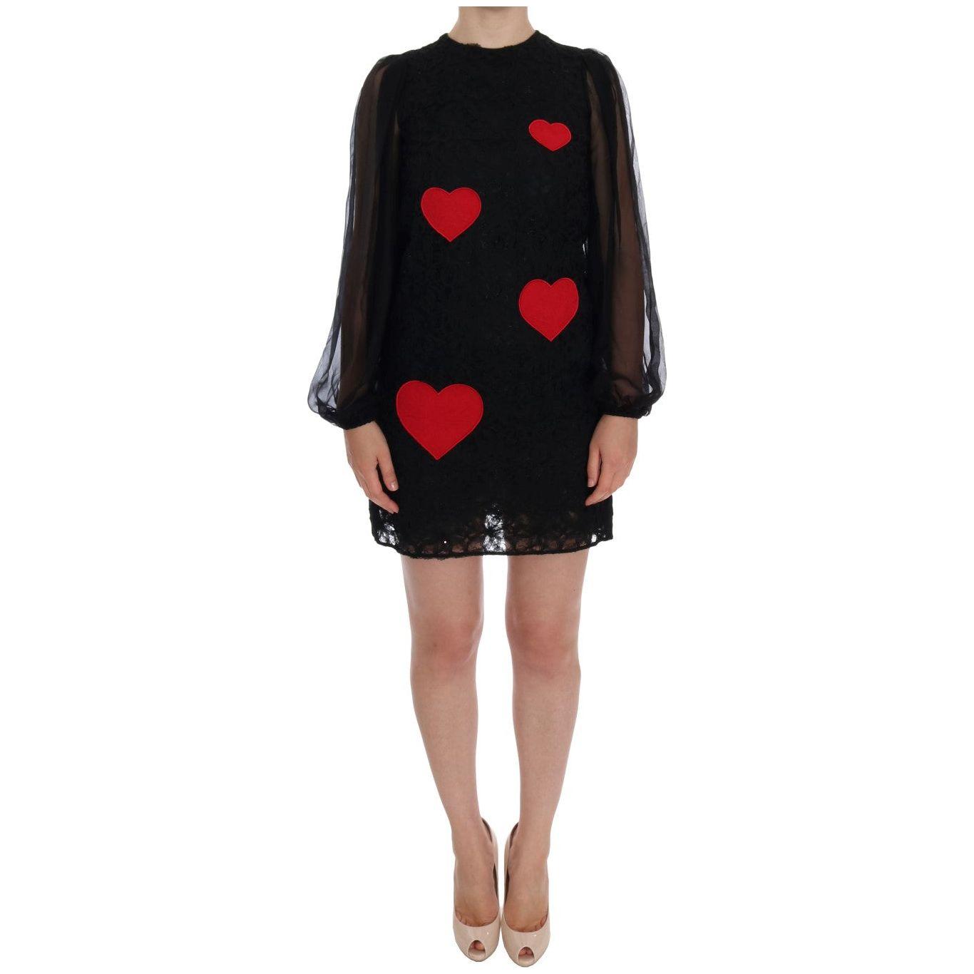 Dolce & Gabbana Elegant Black Lace Heart Applique Shift Dress Dolce & Gabbana