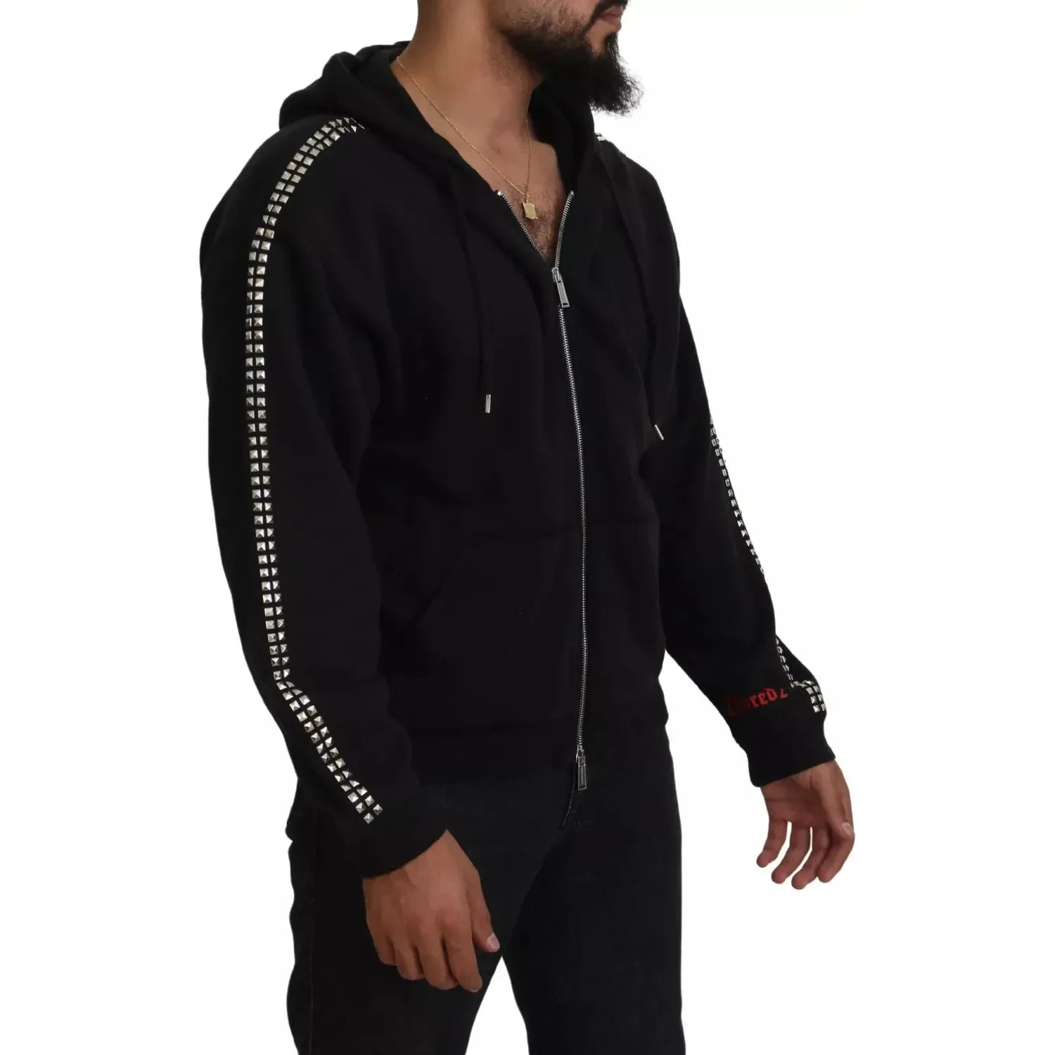 黑色缀饰全拉链连帽毛衣