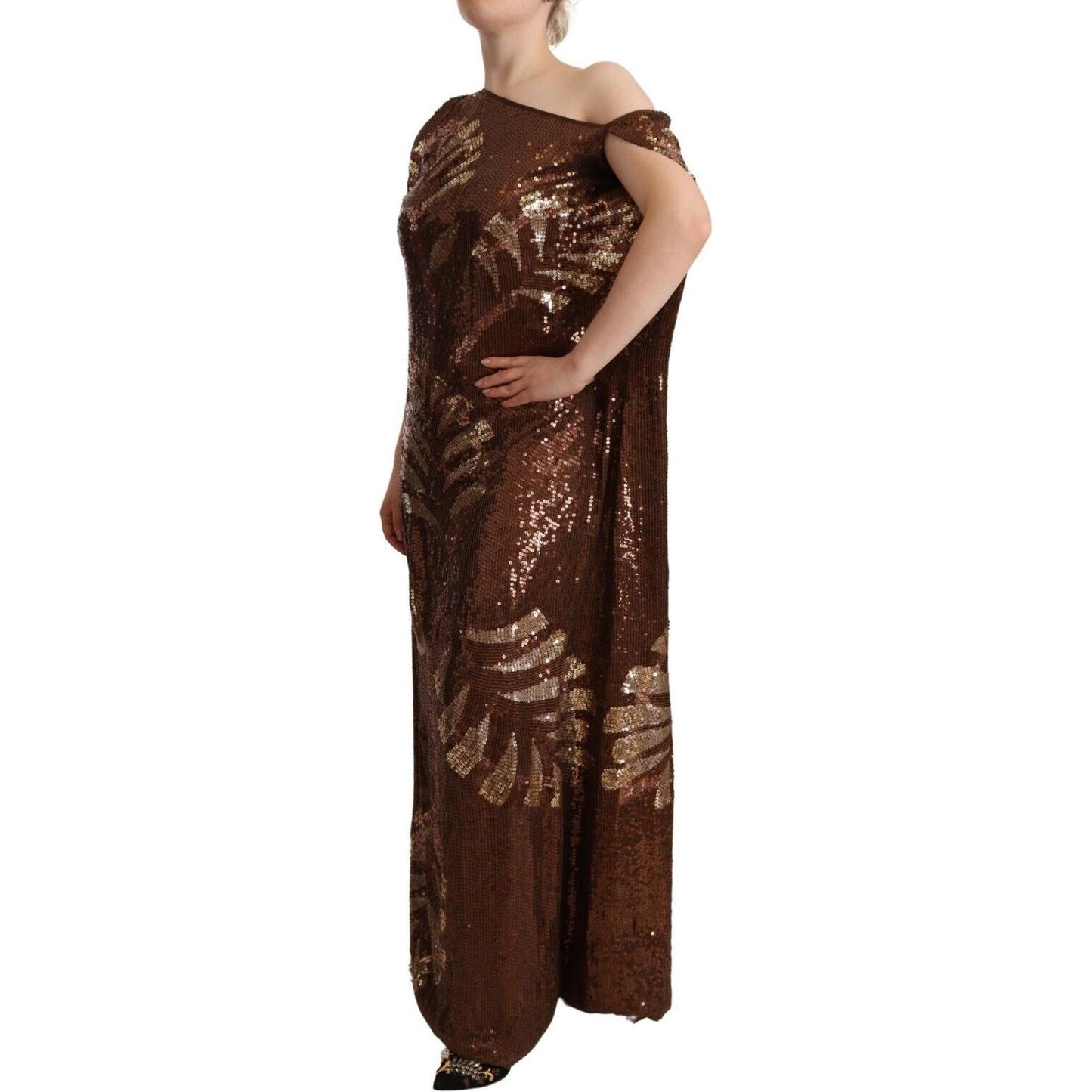 Dsquared² Brown Leaf Sequined Shift One Shoulder Long Dress Dsquared²