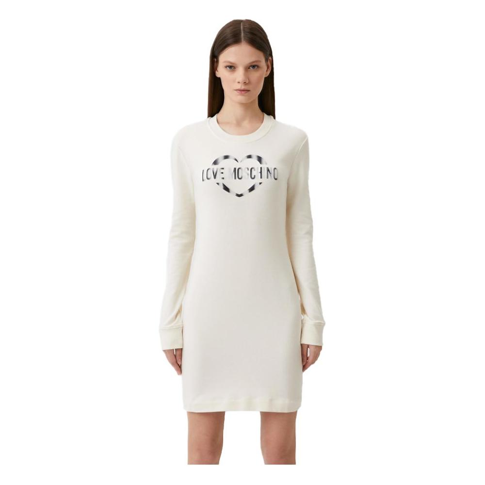 Love Moschino Chic White Cotton Blend Dress with Logo Accent Love Moschino