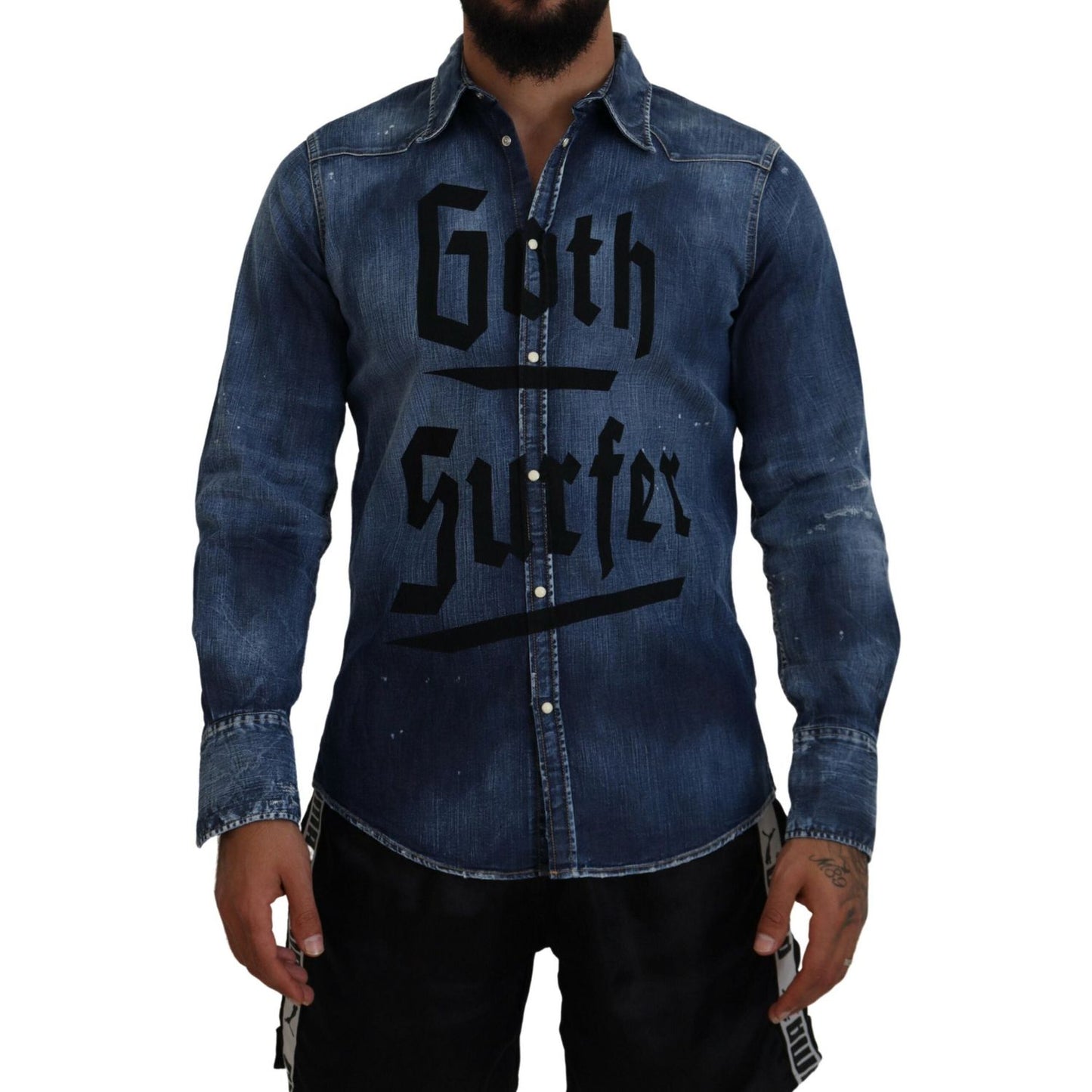 Dsquared² Blue Washed Goth Surfer Print Men Denim Shirt Dsquared²