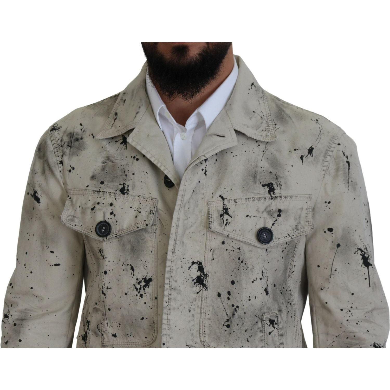 米白色黑色泼墨印花休闲牛仔夹克