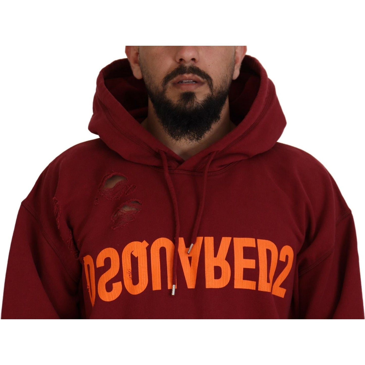 Dsquared² Maroon Cotton Tattered Hooded Printed Pullover Sweater Dsquared²