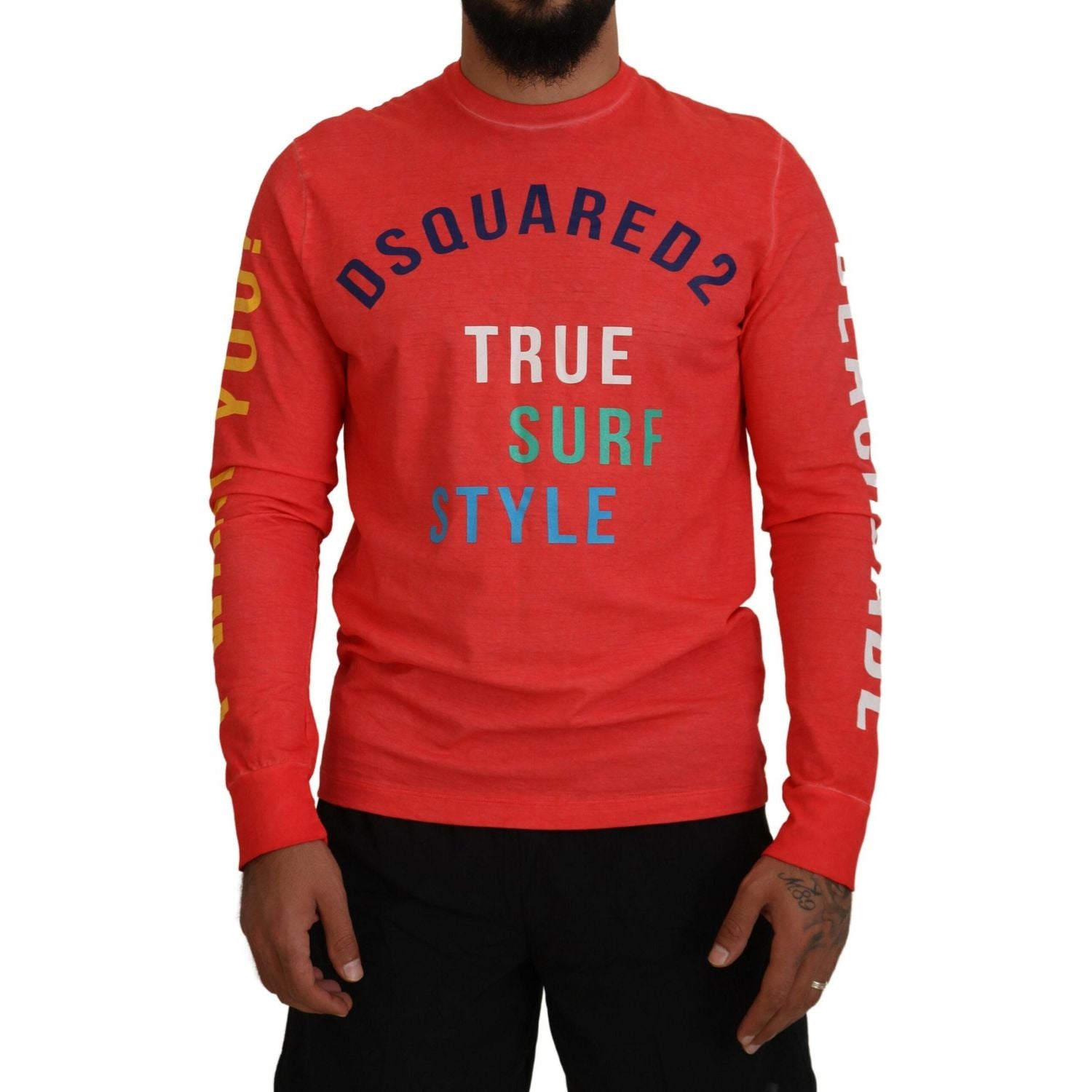 橙色彩色印花长袖上衣 T 恤