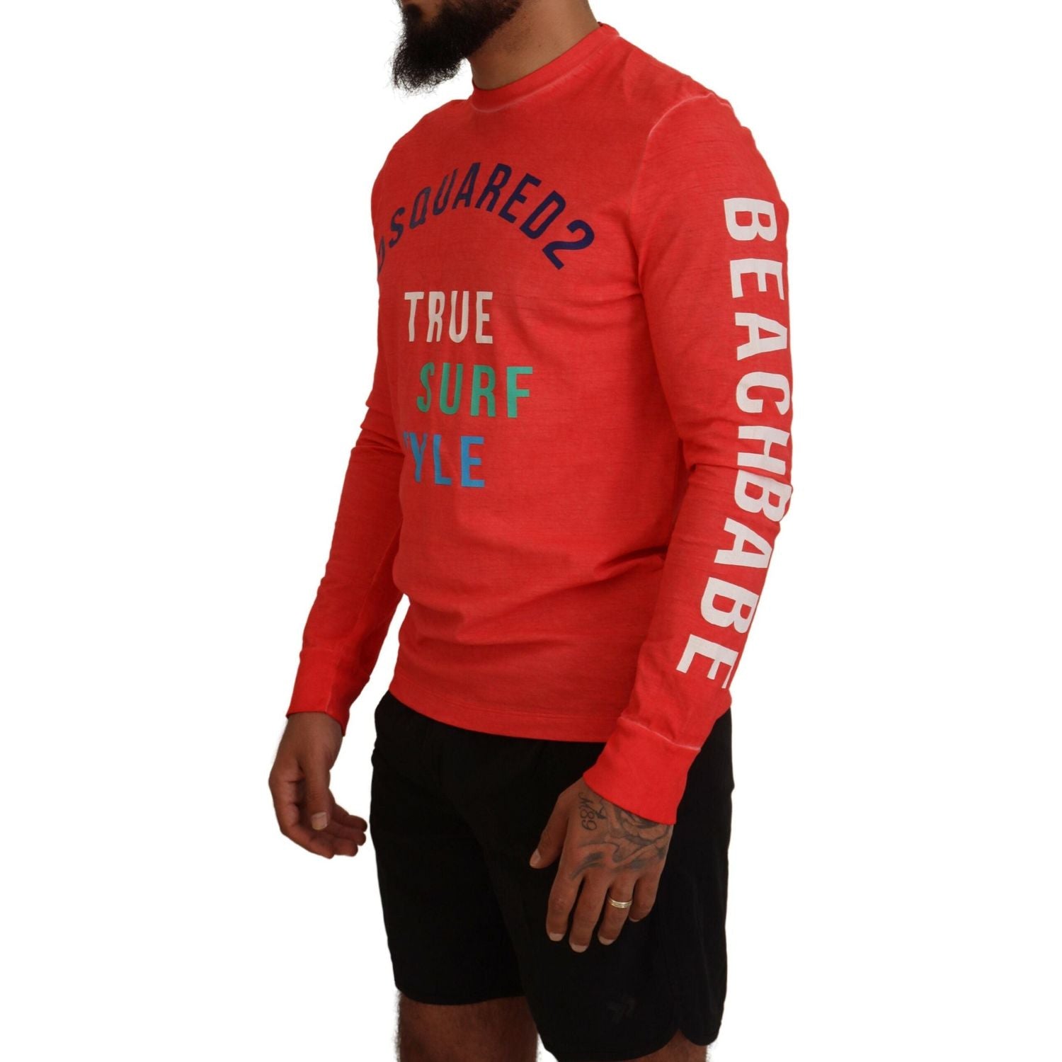 橙色彩色印花长袖上衣 T 恤