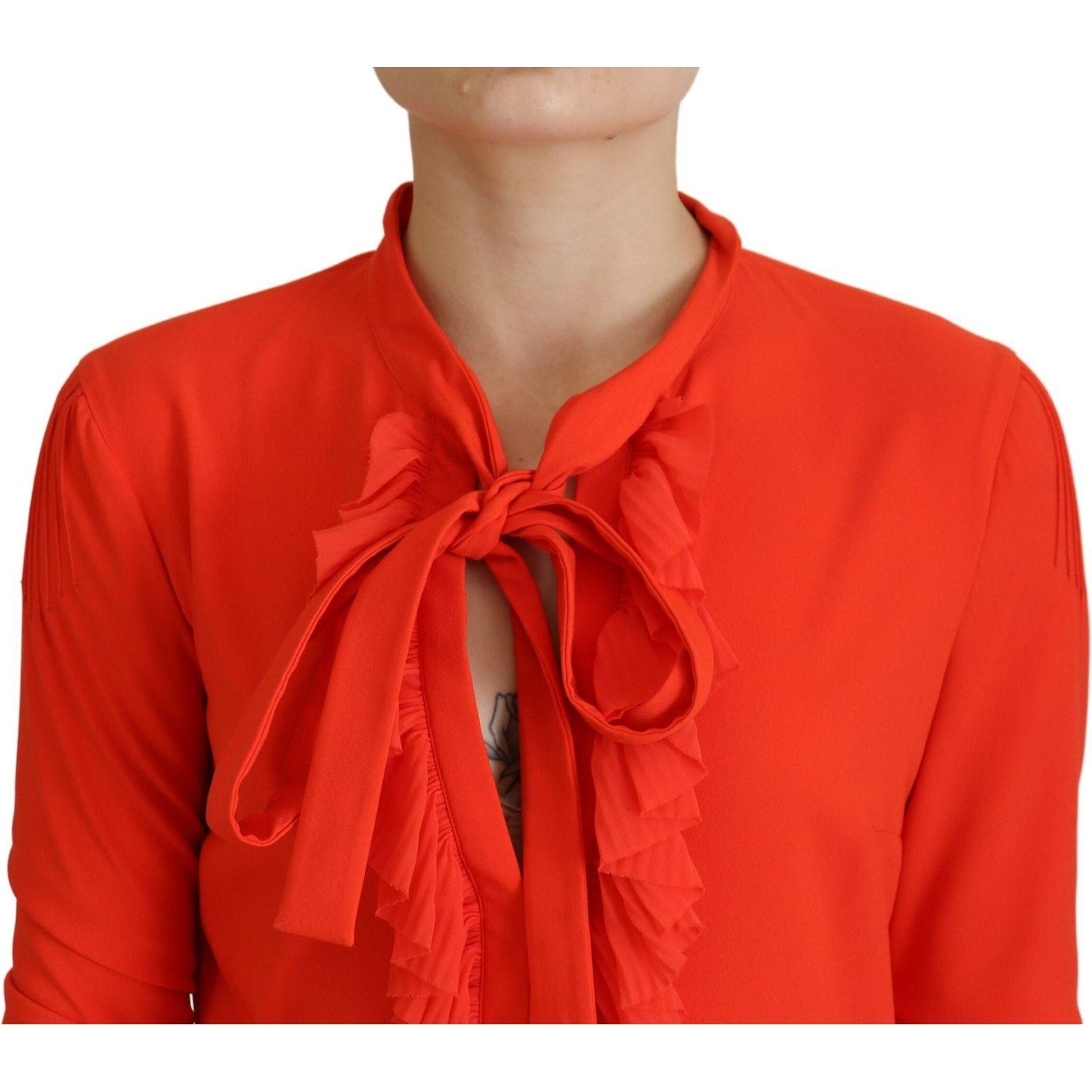 红色涤纶长袖褶皱中长连衣裙