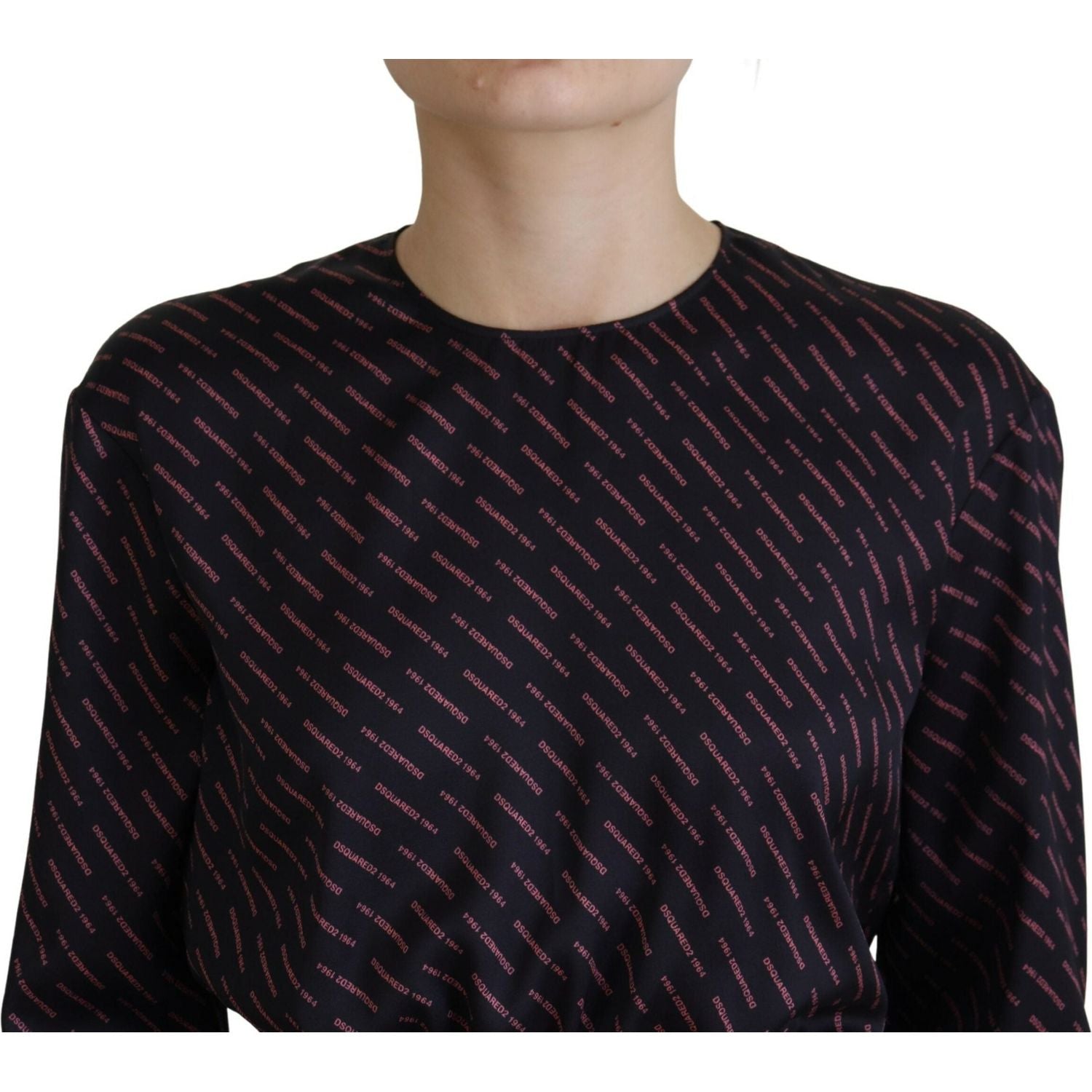 黑色徽标印花长袖 A 字迷你连衣裙