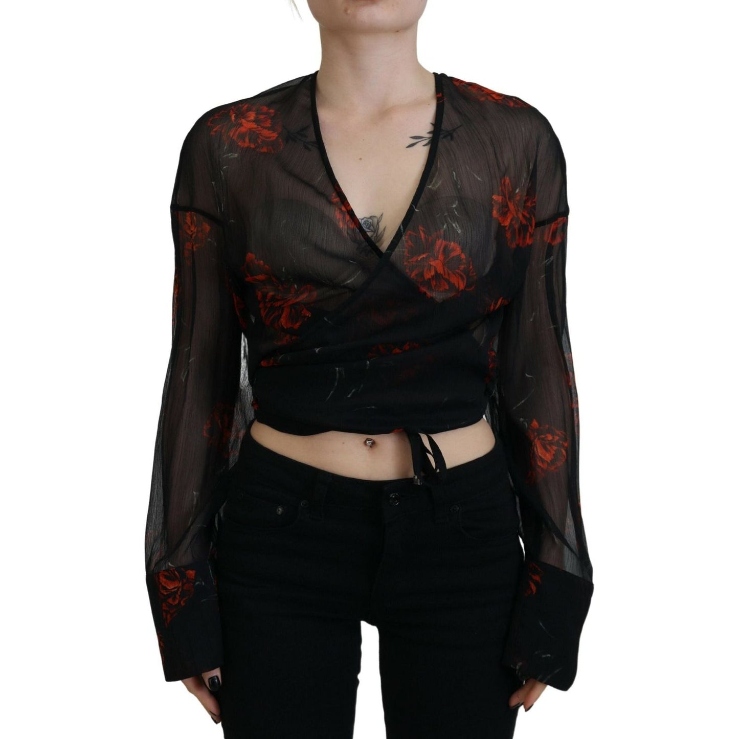 Dsquared² Black Floral Print Cropped Wrap Long Sleeves Top Dsquared²