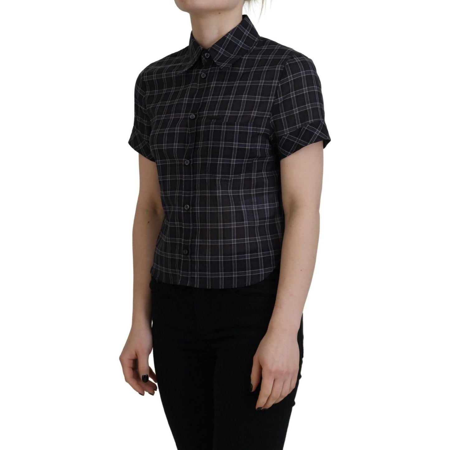 Dsquared² Black Checkered Collared Button Short Sleeves Top Dsquared²