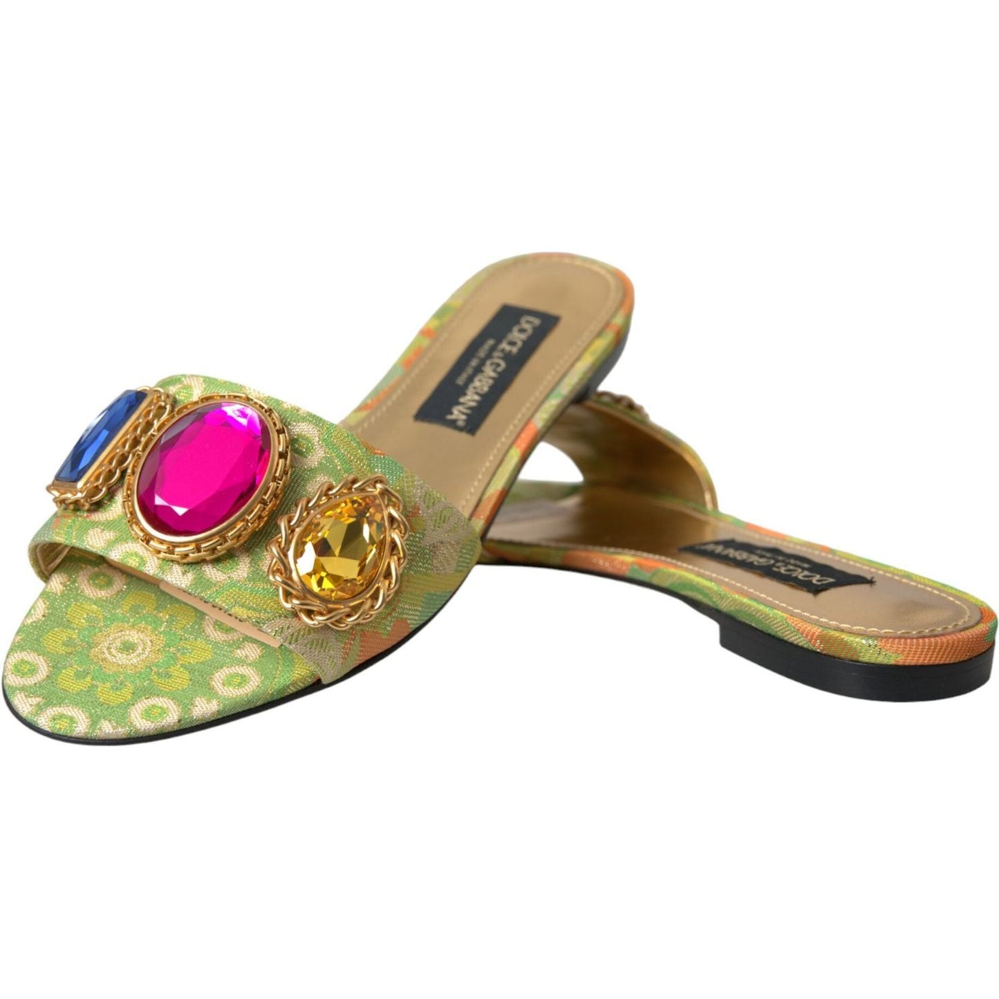 Dolce & Gabbana Green Crystal Jacquard Flats Sandals Shoes Dolce & Gabbana