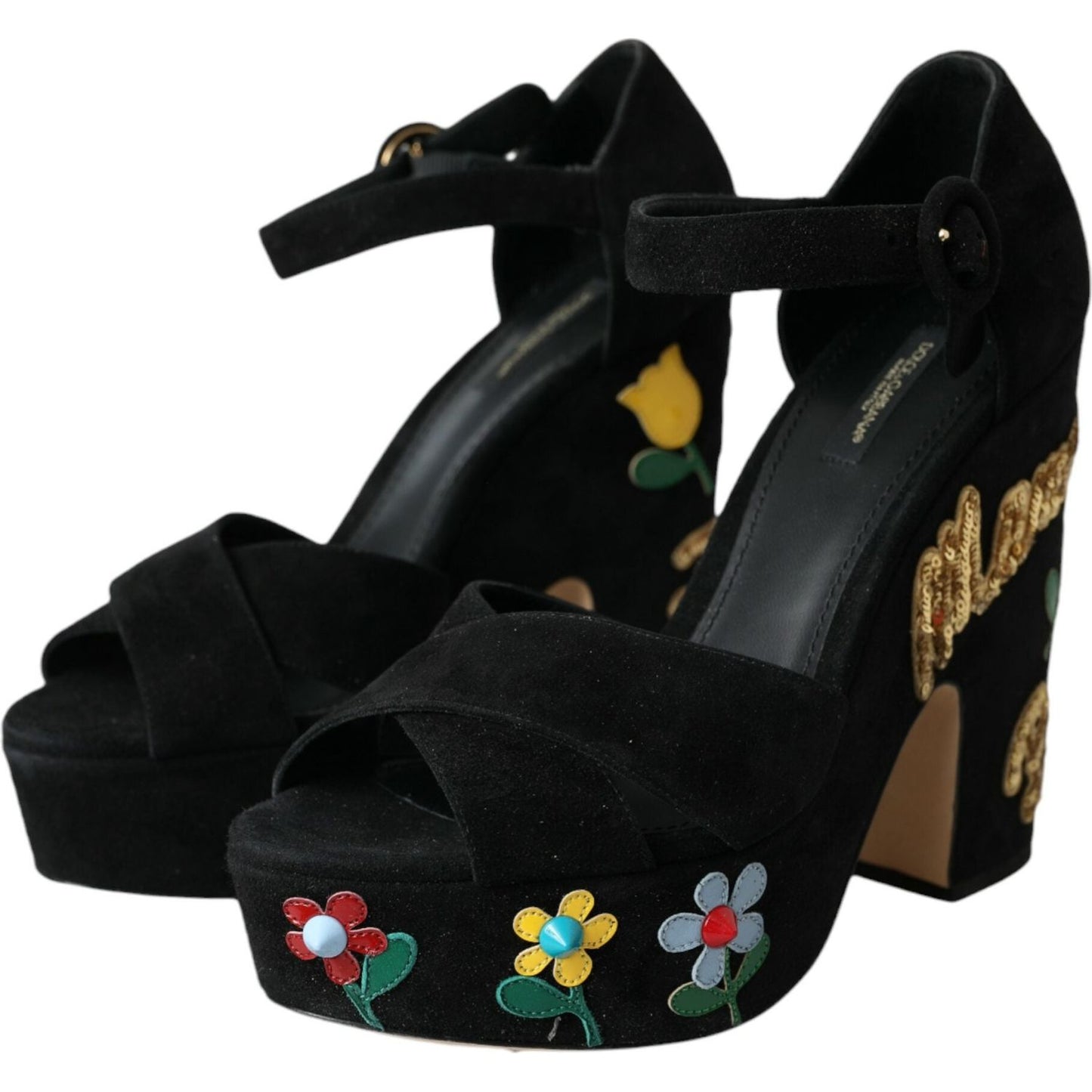 Dolce & Gabbana Black Floral Ankle Strap Heels Sandals Shoes Dolce & Gabbana