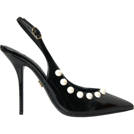 Dolce & Gabbana Black Leather Faux Pearl Heel Slingback Shoes Dolce & Gabbana