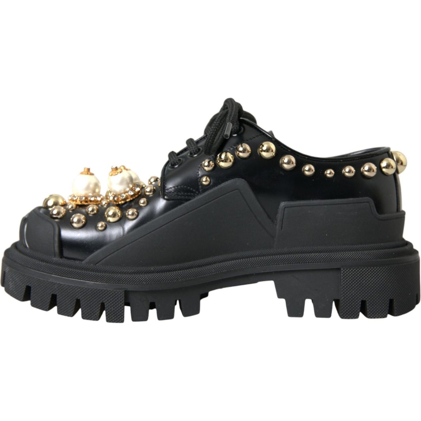 Dolce & Gabbana Black Leather Trekking Derby Embellished Shoes Dolce & Gabbana