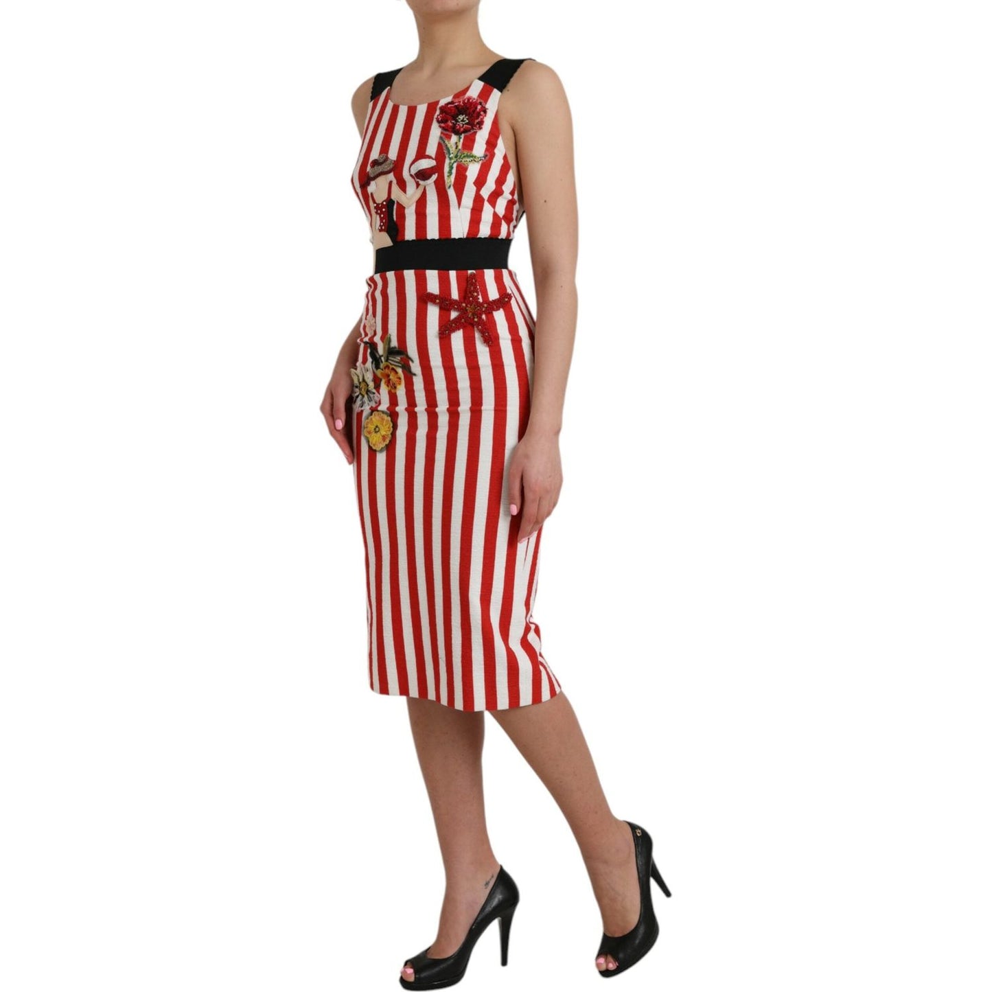 Dolce & Gabbana Red White Floral Sleeveless Sheath Midi Dress Dolce & Gabbana